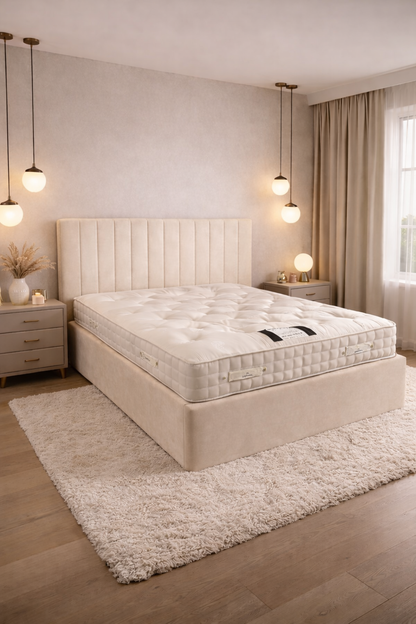 The London ottoman storage bed open with hydraulic lift showing hidden storage.