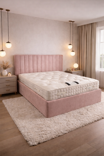 Front view of The London Luxury Ottoman Bed highlighting storage base and upholstery.

