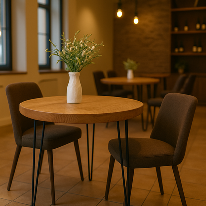 Round Solid Wood Tables With Hairpin Legs For Cafes and Restaurants Hospitality (Bulk Order)