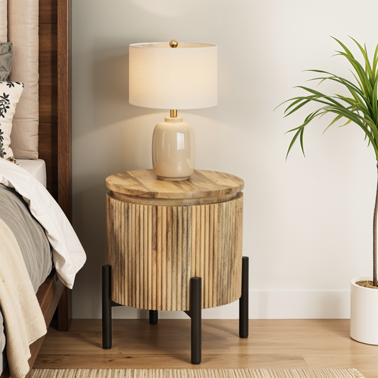 York Solid Wood Bedside Table with Metal Legs