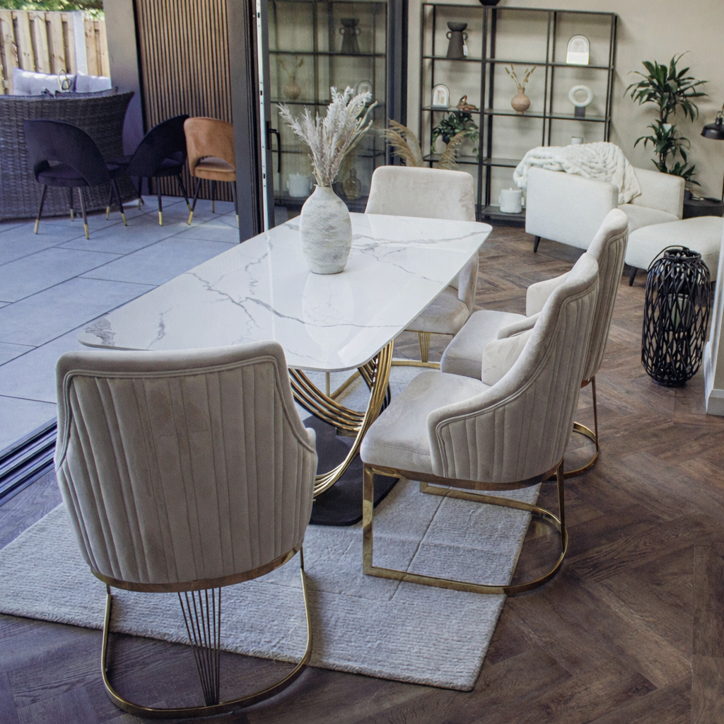 Orion Gold 1.8 Dining Table with Polar White Sintered Stone Top - Monarch Beds and Mattresses