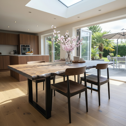 Live / Waney Walnut Colour Edge Dining Table With Metal Legs