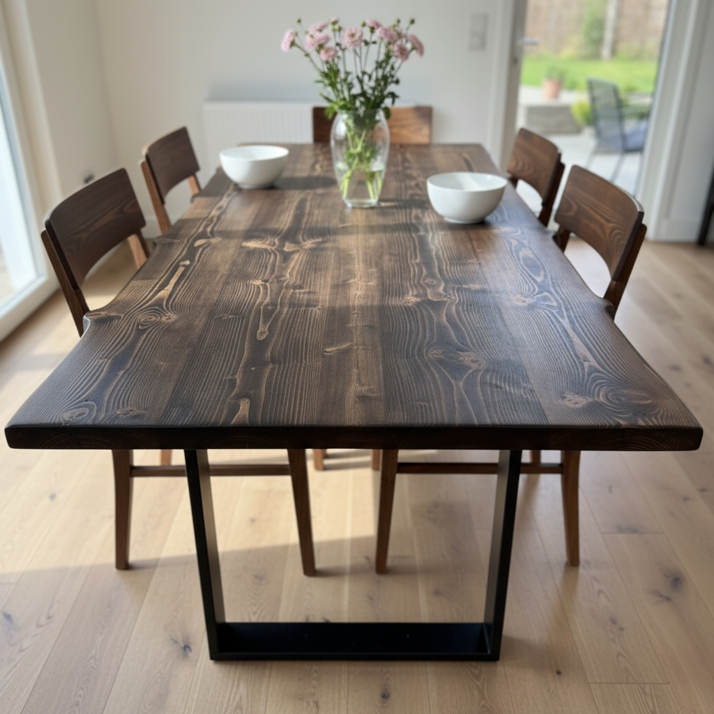 Live / Waney Walnut Colour Edge Dining Table With Metal Legs