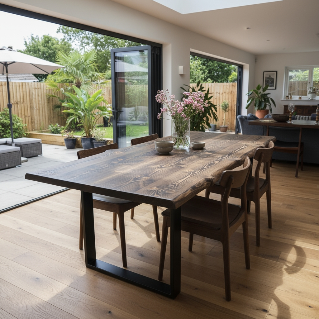 Live / Waney Walnut Colour Edge Dining Table With Metal Legs