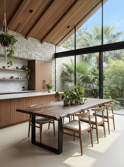 Live / Waney Walnut Colour Edge Dining Table With Metal Legs