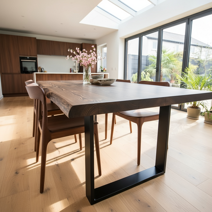 Live / Waney Walnut Colour Edge Dining Table With Metal Legs