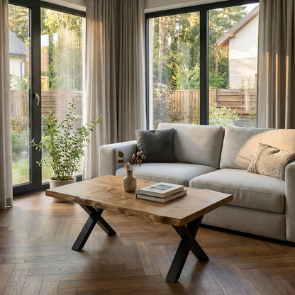 RITA Live / Waney Edge Coffee Table With Metal X Legs