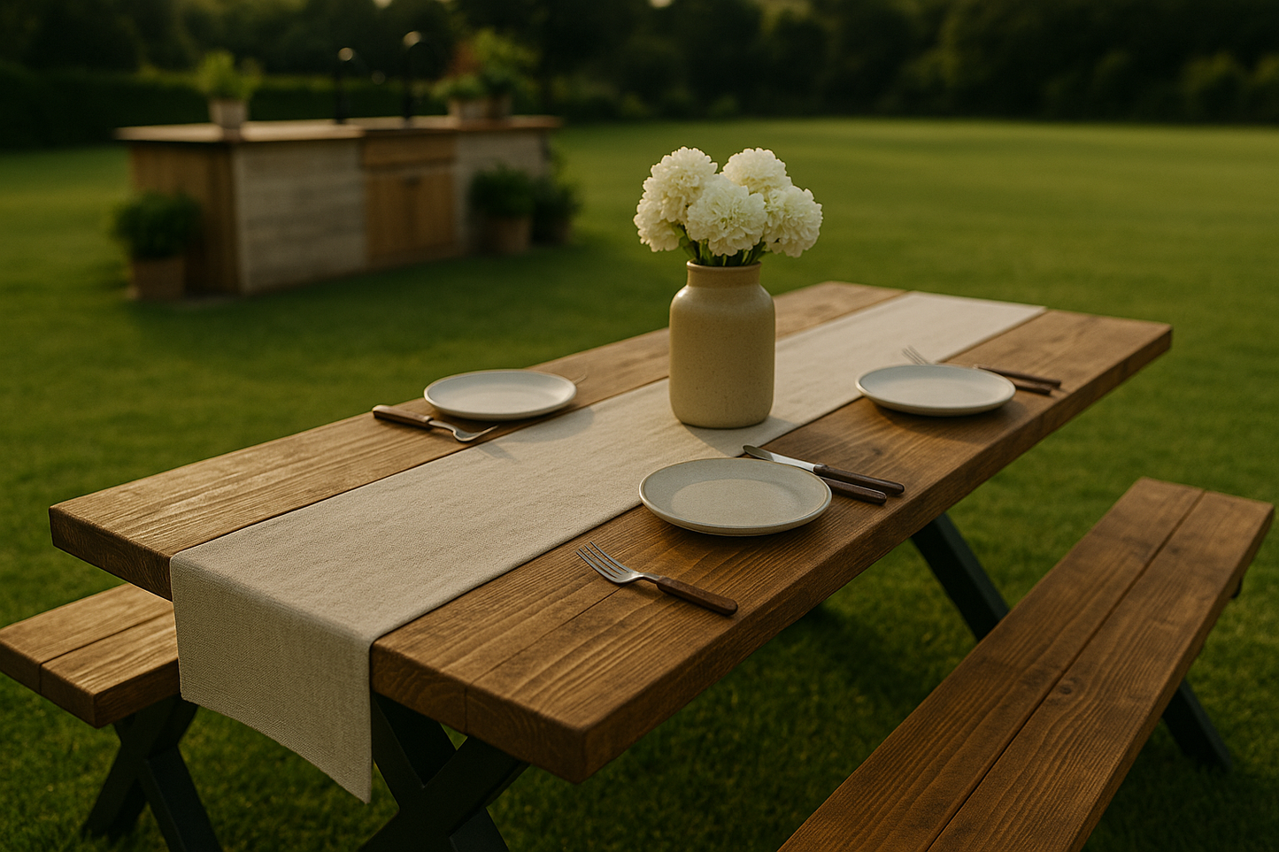 Outdoor Farmhouse Dining Table With Bench and Black Metal Cross Legs