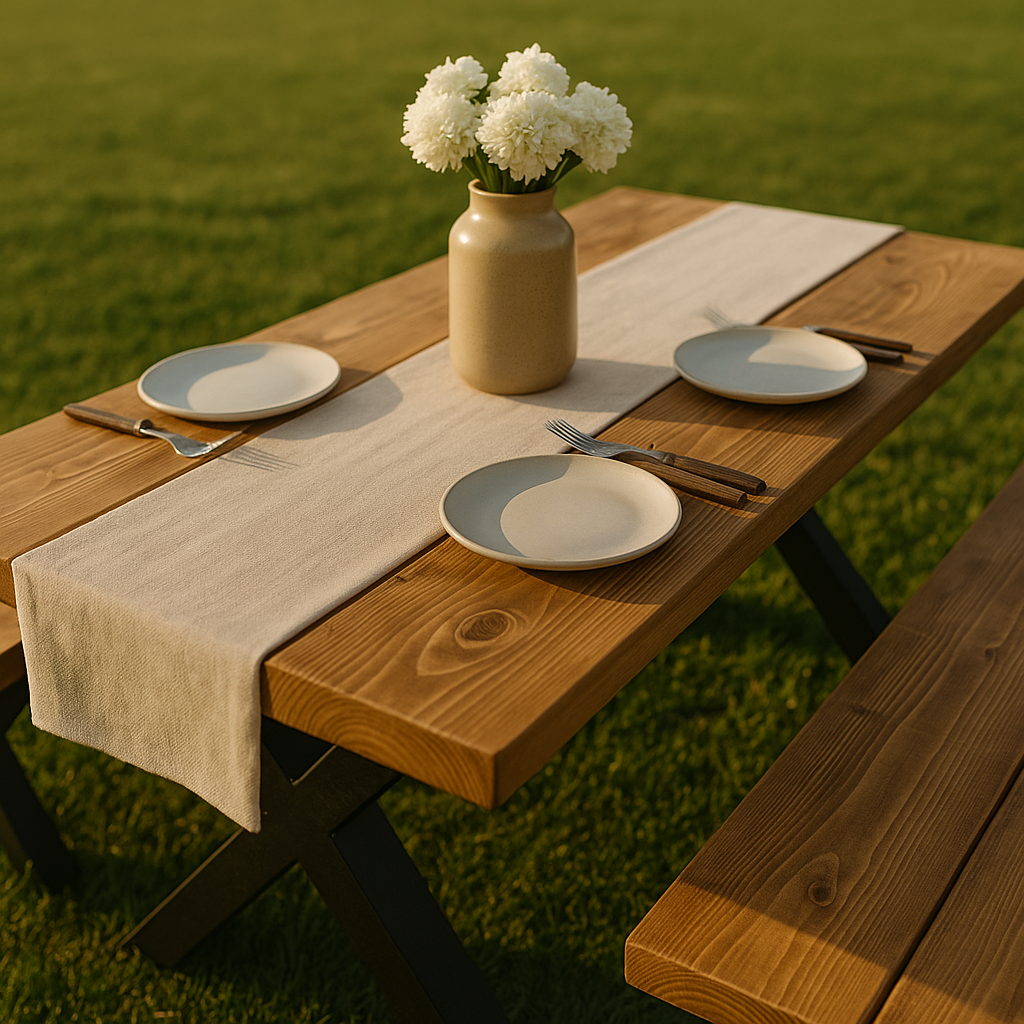 Farmhouse Dining Table With Bench and Black Metal Cross Legs