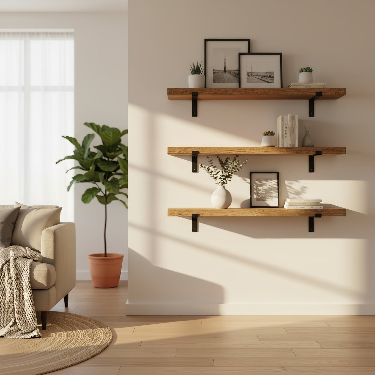 Rustic Wooden Shelf with Lipped Metal Brackets