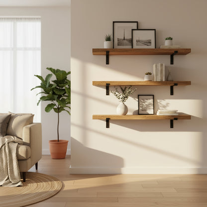 Rustic Wooden Shelf with Lipped Metal Brackets