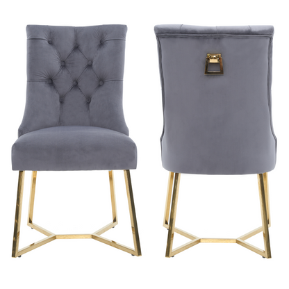 Ambra Velvet Dining Chair – Tufted Accent with Gold Legs & Ring Pull
