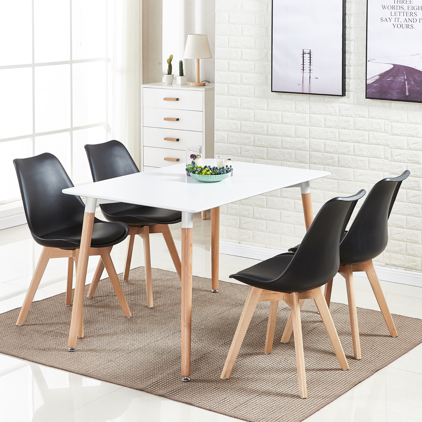 White Halo Dining Table & Set of 4 Lorenzo Jamie Tulip Dining Chairs with Padded Seat