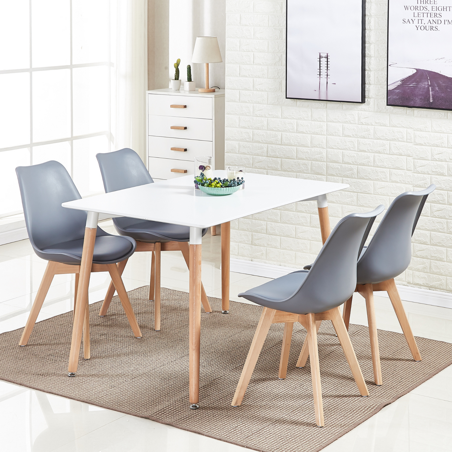 White Halo Dining Table & Set of 4 Lorenzo Jamie Tulip Dining Chairs with Padded Seat