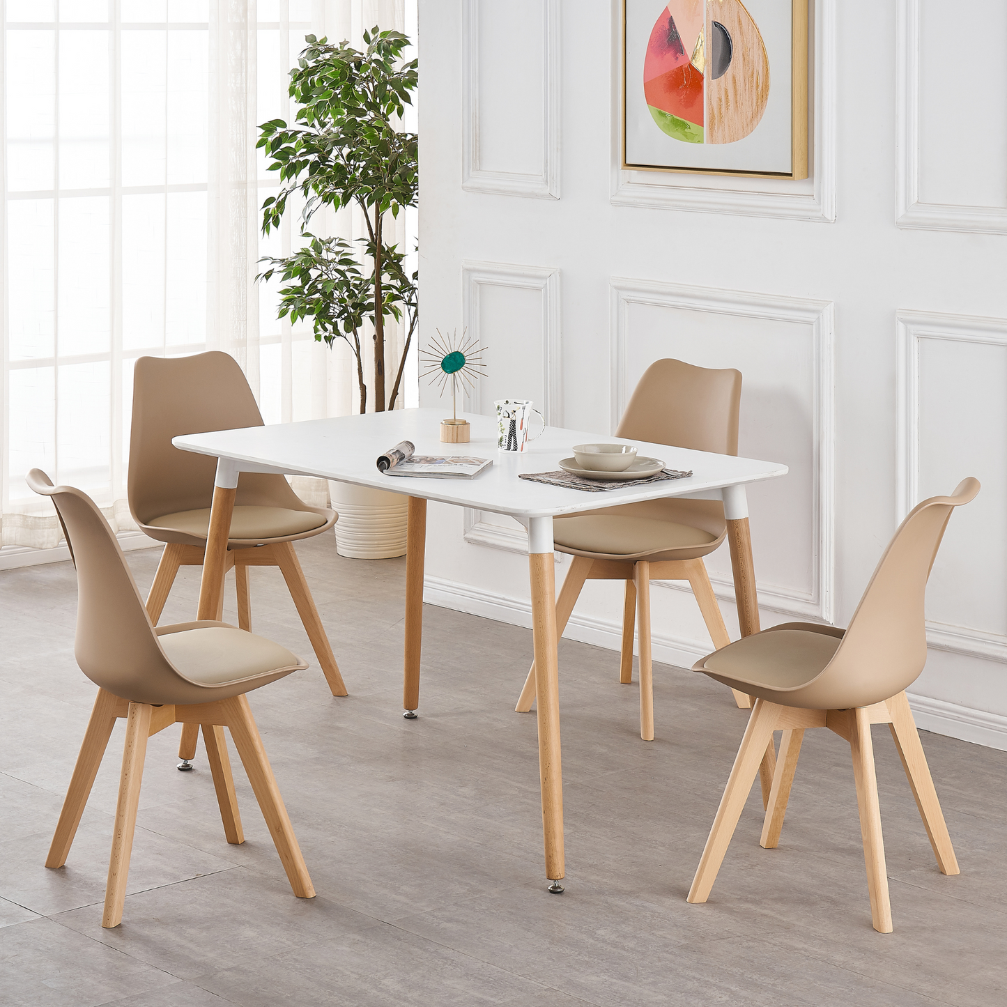 White Halo Dining Table & Set of 4 Lorenzo Jamie Tulip Dining Chairs with Padded Seat