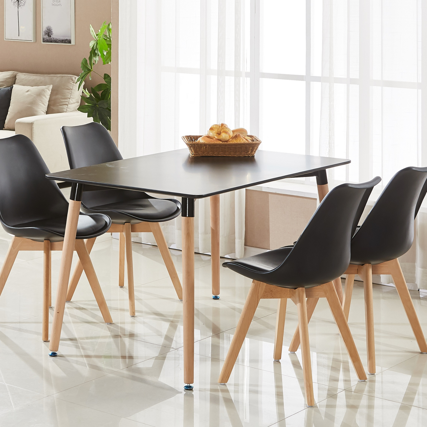 Black Halo Dining Table & Set of 4 Jamie Lorenzo Tulip chairs with Padded Seat