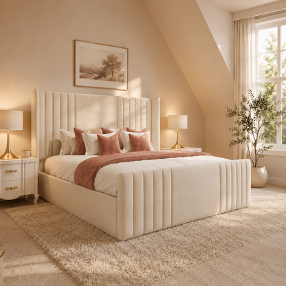 Wing Chanel Ottoman Storage Luxury Bed with luxury winged channel headboard