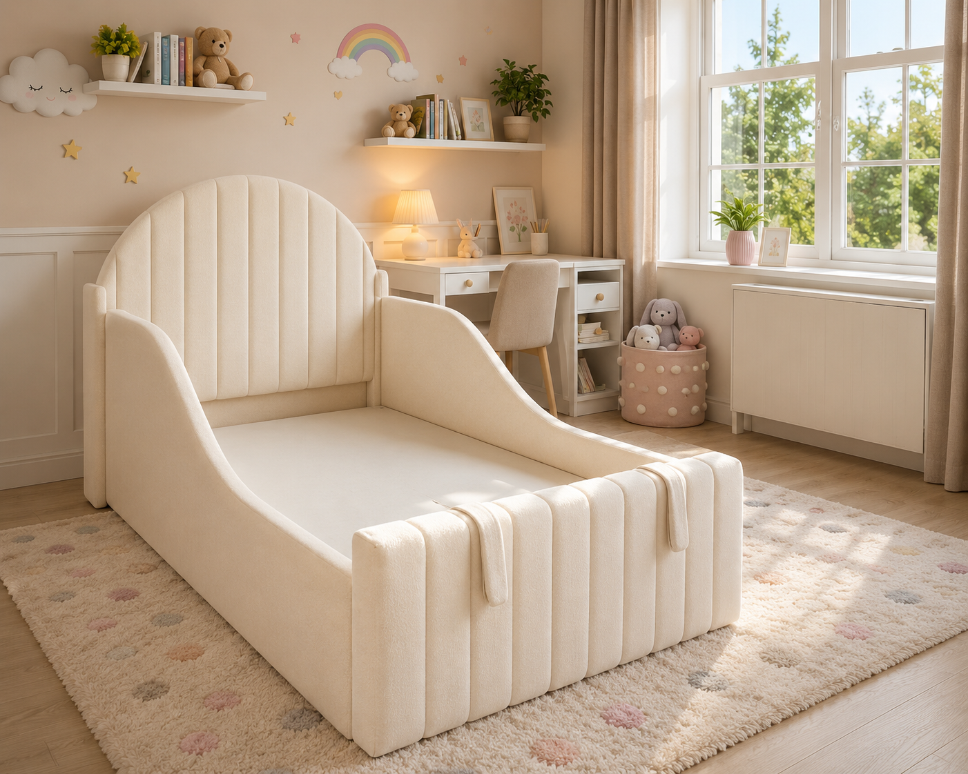 The Winnie Kids Bed with luxury upholstered curved headboard