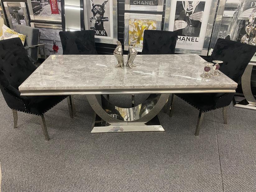 Arial Marble & Chrome Dining Table + Lion Knocker Velvet Chairs