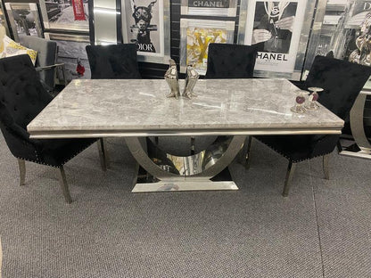 Arial Marble & Chrome Dining Table + Lion Knocker Velvet Chairs