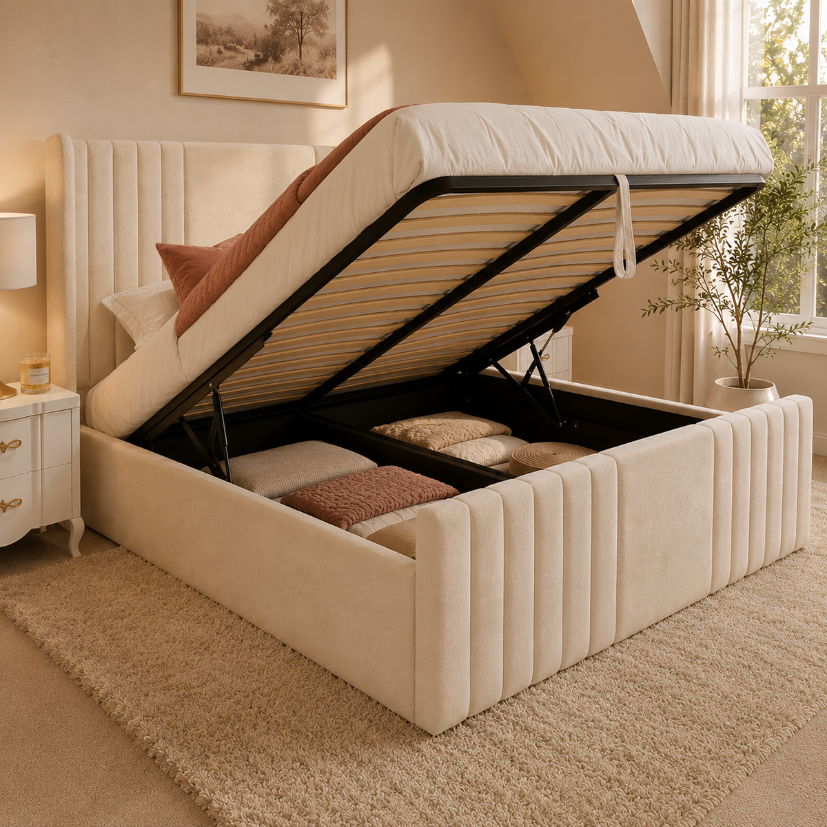 Luxury cream Wing Chanel ottoman storage bed