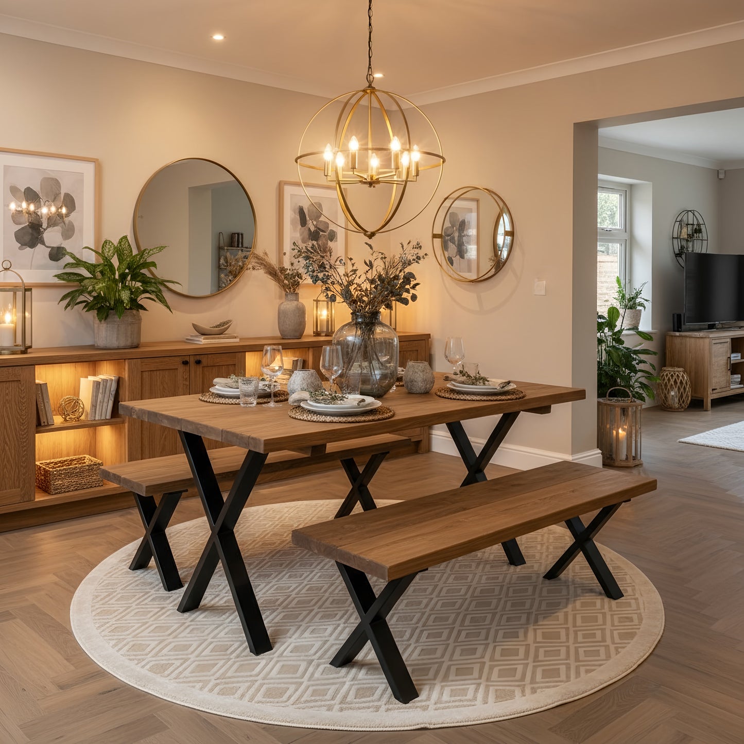 Farmhouse Dining Table With Bench and Black Metal Cross Legs
