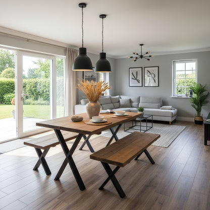 Farmhouse Dining Table With Bench and Black Metal Cross Legs