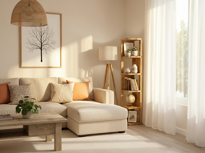 Valora Solid Wood Corner Bookshelf – Natural Finish Open Bookcase, Rustic Scandinavian Design