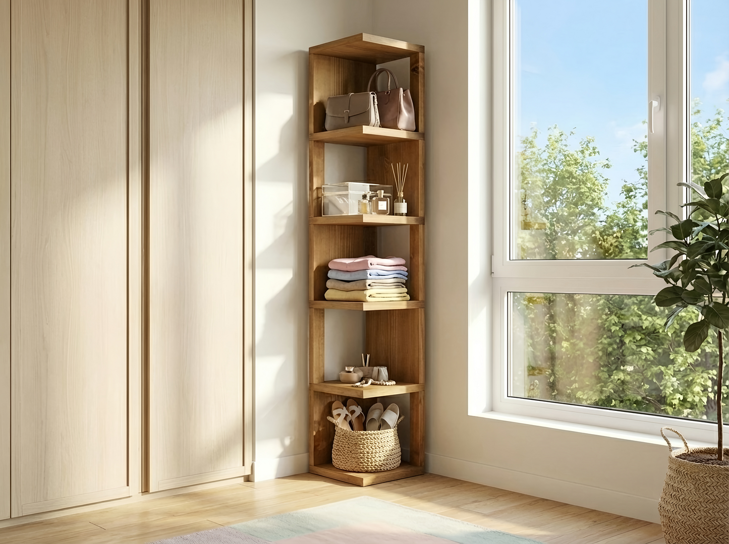Valora Solid Wood Corner Bookshelf – Natural Finish Open Bookcase, Rustic Scandinavian Design