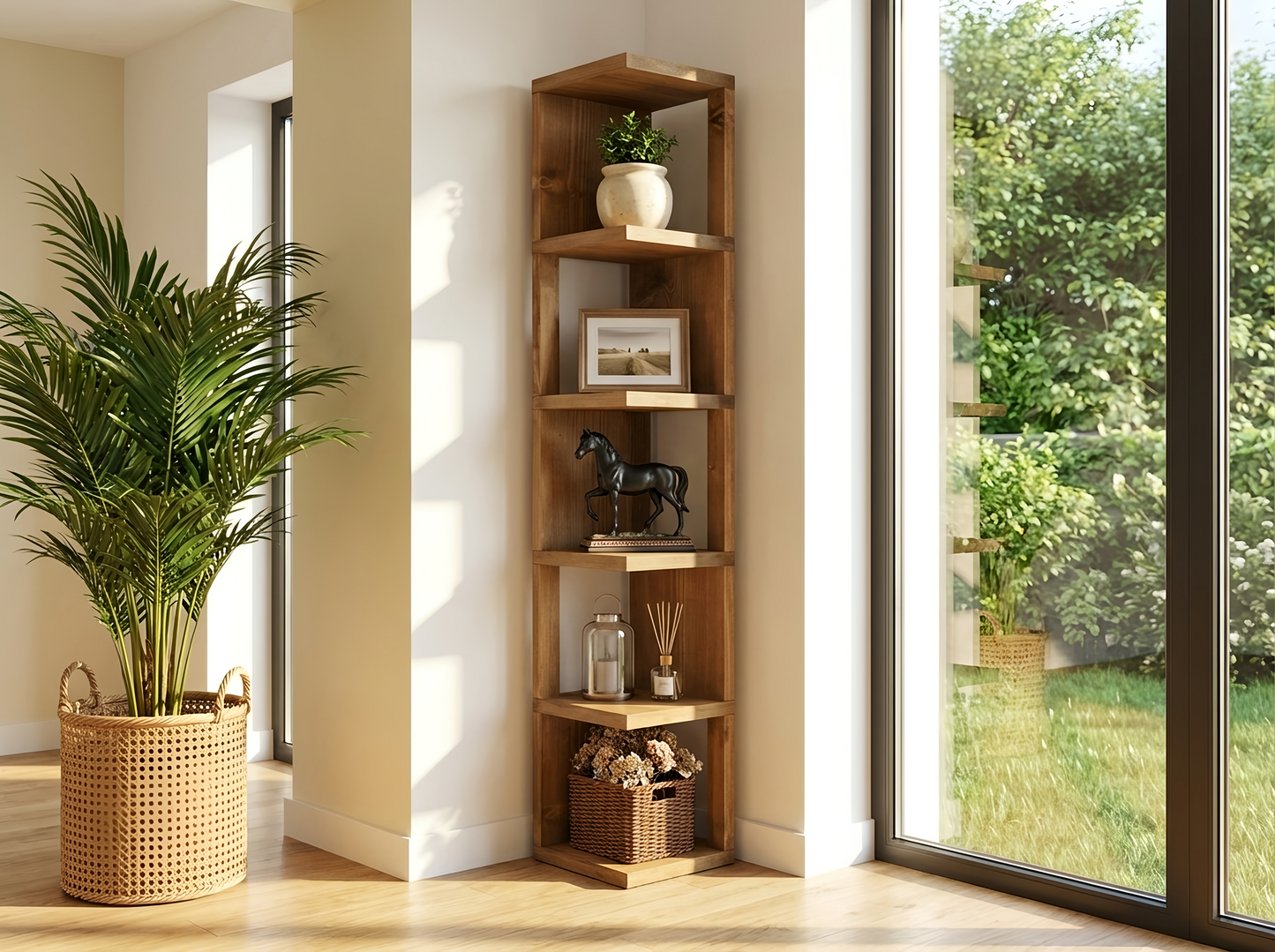 Valora Solid Wood Corner Bookshelf – Natural Finish Open Bookcase, Rustic Scandinavian Design