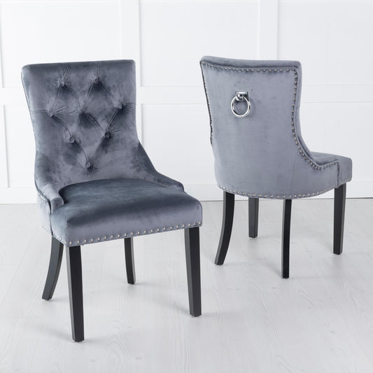 Monte Grey KnockerBack Velvet Fabric Dining Chair with Black Legs