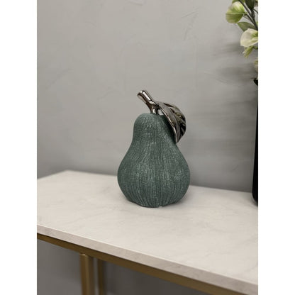 Hand-Cast Ceramic Giant Pear Sculpture - Green Textured Finish with Silver Glazed Leaf