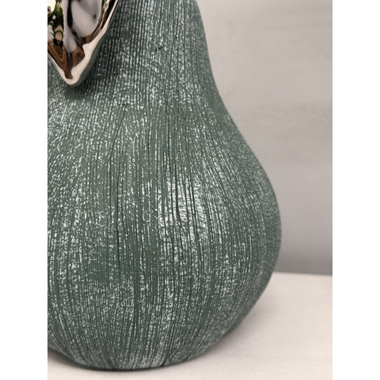 Hand-Cast Ceramic Giant Pear Sculpture - Green Textured Finish with Silver Glazed Leaf