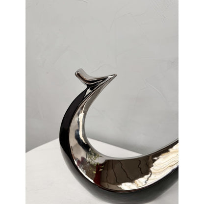 Hand Casted Ceramic Abstract Bird Sculpture - Black & Silver Glossy Finish