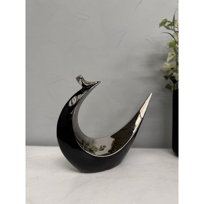Hand Casted Ceramic Abstract Bird Sculpture - Black & Silver Glossy Finish