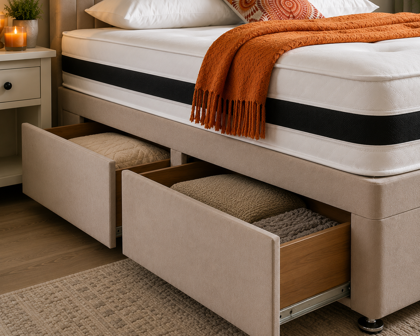 Detailed view of the Istanbul Divan Bed side storage drawer in premium fabric, offering stylish and practical bedroom organisation.