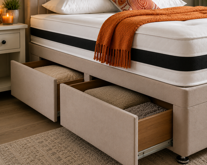 Detailed view of the Istanbul Divan Bed side storage drawer in premium fabric, offering stylish and practical bedroom organisation.
