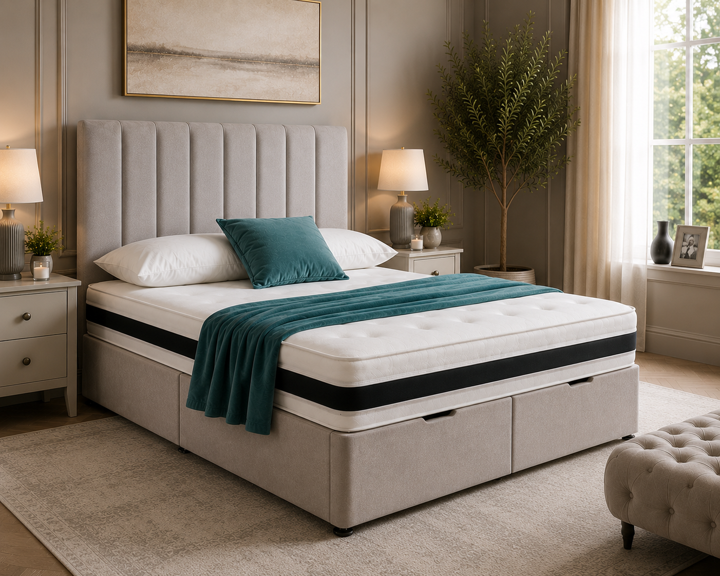 Panel Kingston bed with framed vertical upholstered headboard