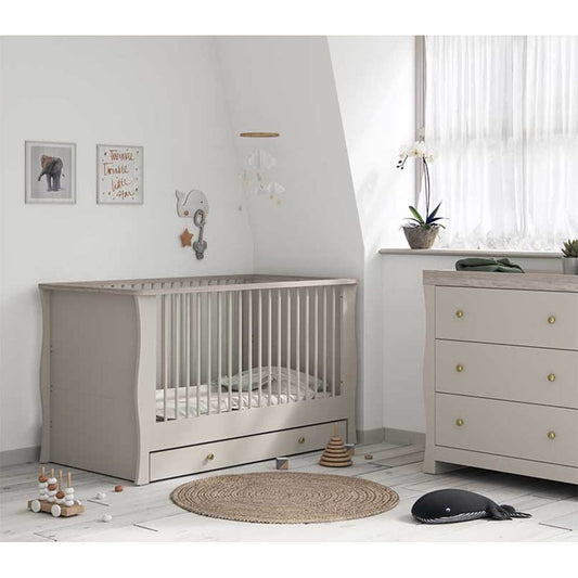 Little Acorns Celeste 2 Piece Nursery Furniture Set with Cot Bed, Under Drawer and Dresser - Cashmere & Grey Ash