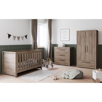 Little Acorns Ellesmere 3 Piece Nursery Furniture Set with Cot Bed, Under Drawer, Dresser and Wardrobe - Truffle Oak