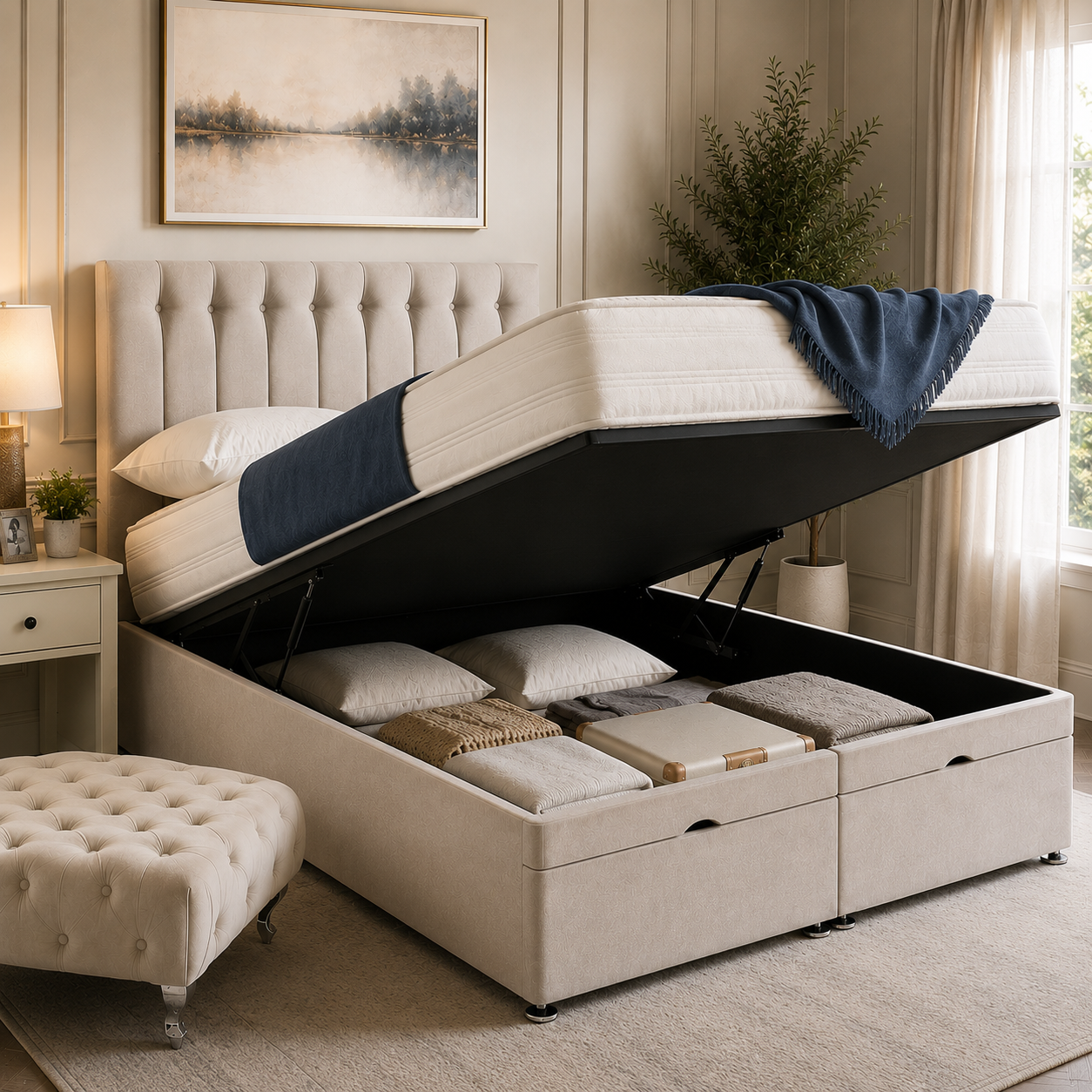Luxury Milan ottoman storage bed in a modern bedroom