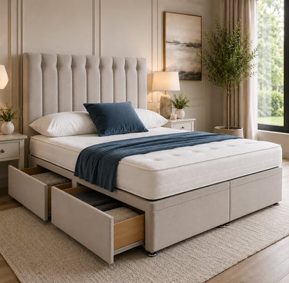 Classic buttoned headboard on the Kabira bed