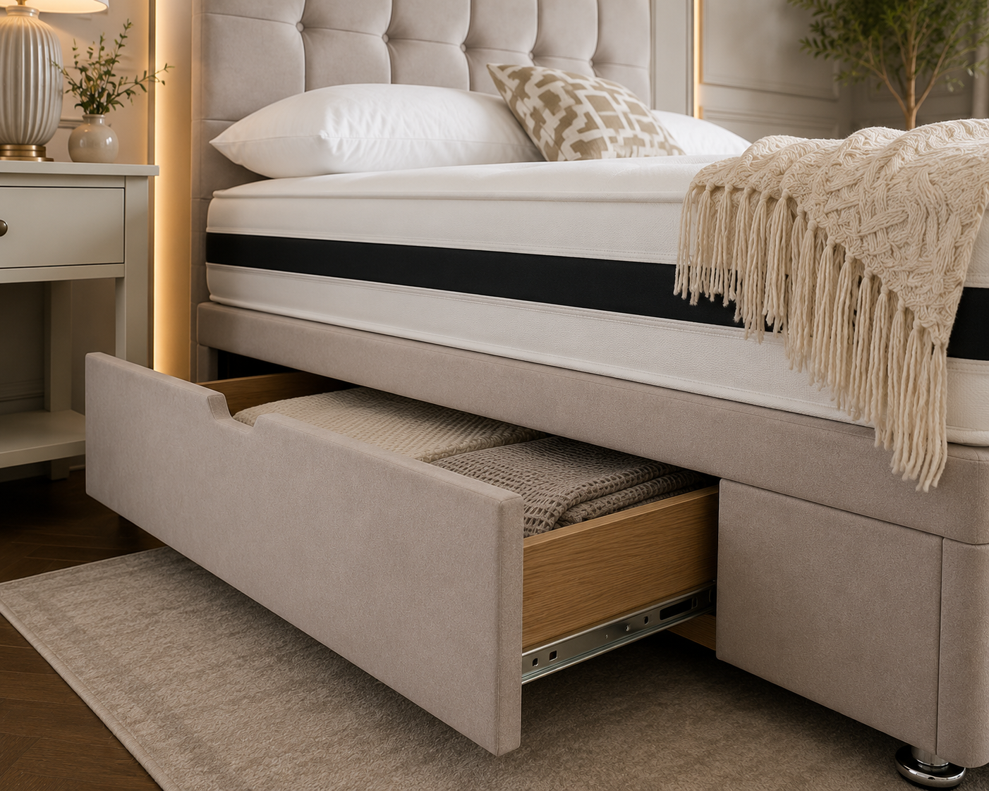 Modern upholstered Sena bed with drawer storage
