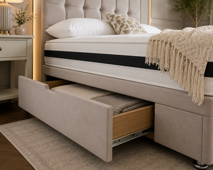 Modern upholstered Sena bed with drawer storage