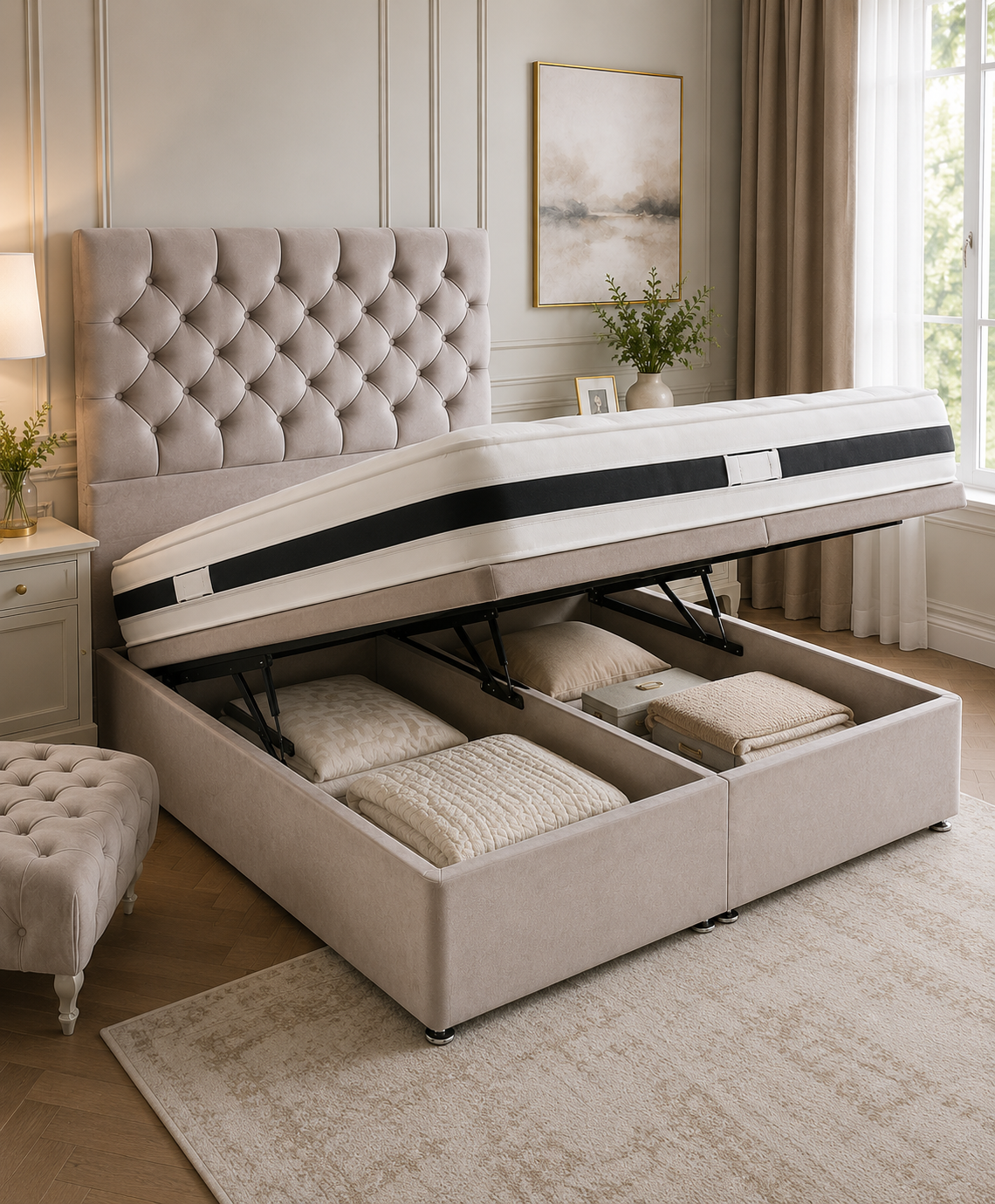 Victoria luxury divan bed with deep buttoned upholstered headboard