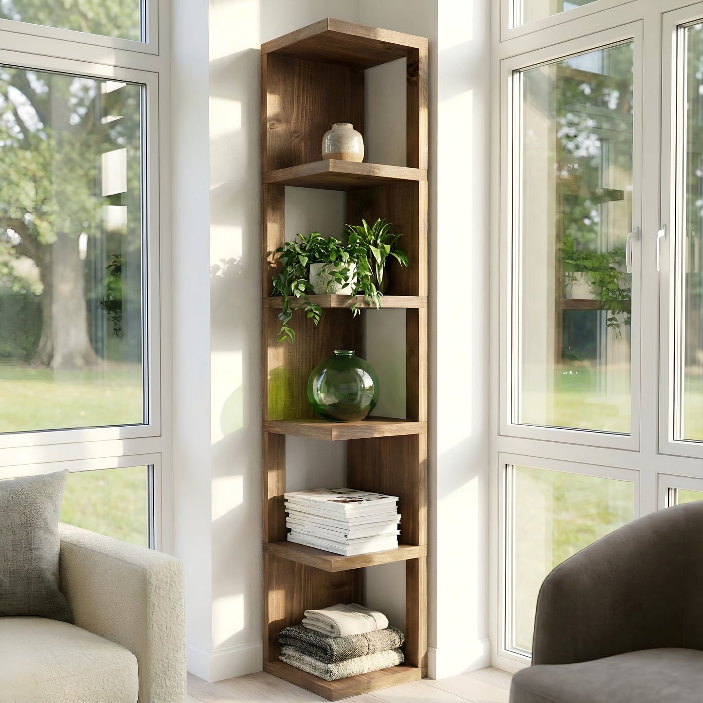 Valora Solid Wood Corner Bookshelf In Walnut Colour – Natural Finish Open Bookcase, Rustic Scandinavian Design