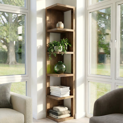 Valora Solid Wood Corner Bookshelf In Walnut Colour – Natural Finish Open Bookcase, Rustic Scandinavian Design