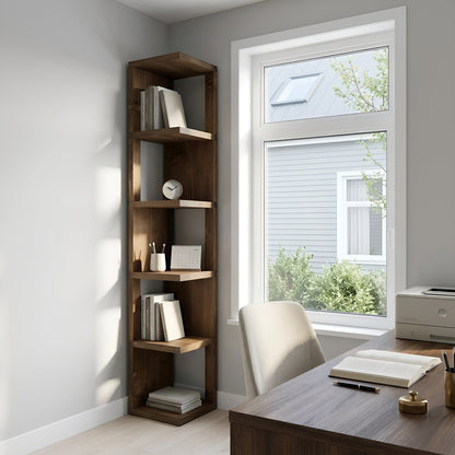 Valora Solid Wood Corner Bookshelf In Walnut Colour – Natural Finish Open Bookcase, Rustic Scandinavian Design