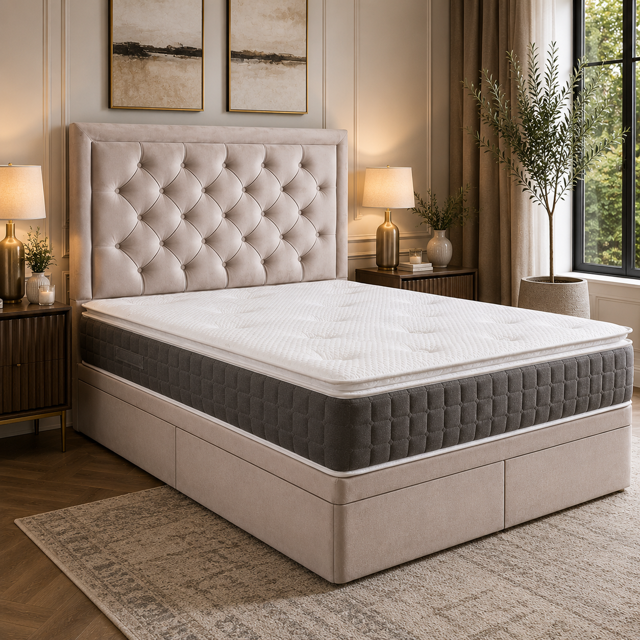 Washington Divan Bed Set in cream plush fabric with upholstered headboard and premium divan base