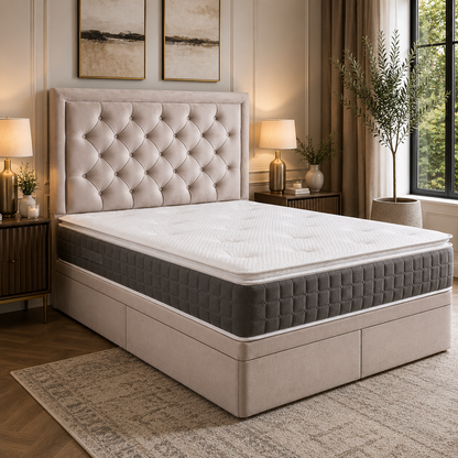 Washington Divan Bed Set in cream plush fabric with upholstered headboard and premium divan base